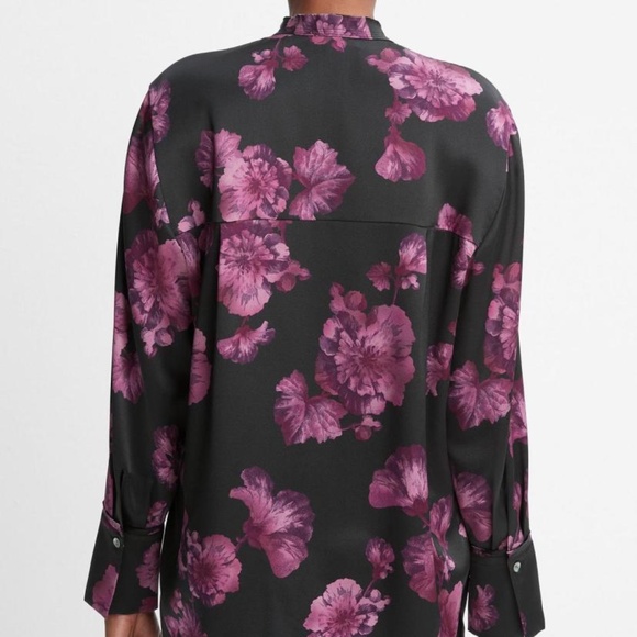 VINCE Begonia Floral 100% Silk Raw Edge Band Collar Blouse Top Wine & Blk SZ L - Picture 5 of 11